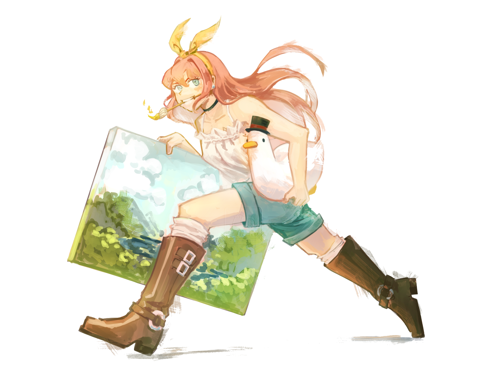 Jassy's original illustration of a girl running with a landscape canvas